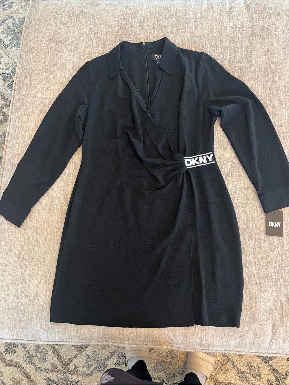 DKNY Black Long-Sleeve Wrap Dress with Logo Waist